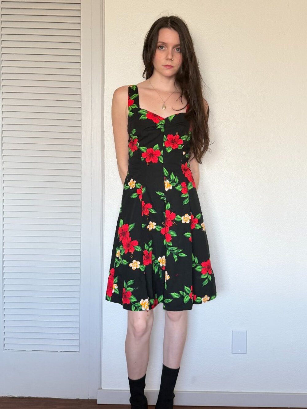 Y2K Hawaiian Dress (XS) black red vintage midi hibiscus floral rockabilly retro